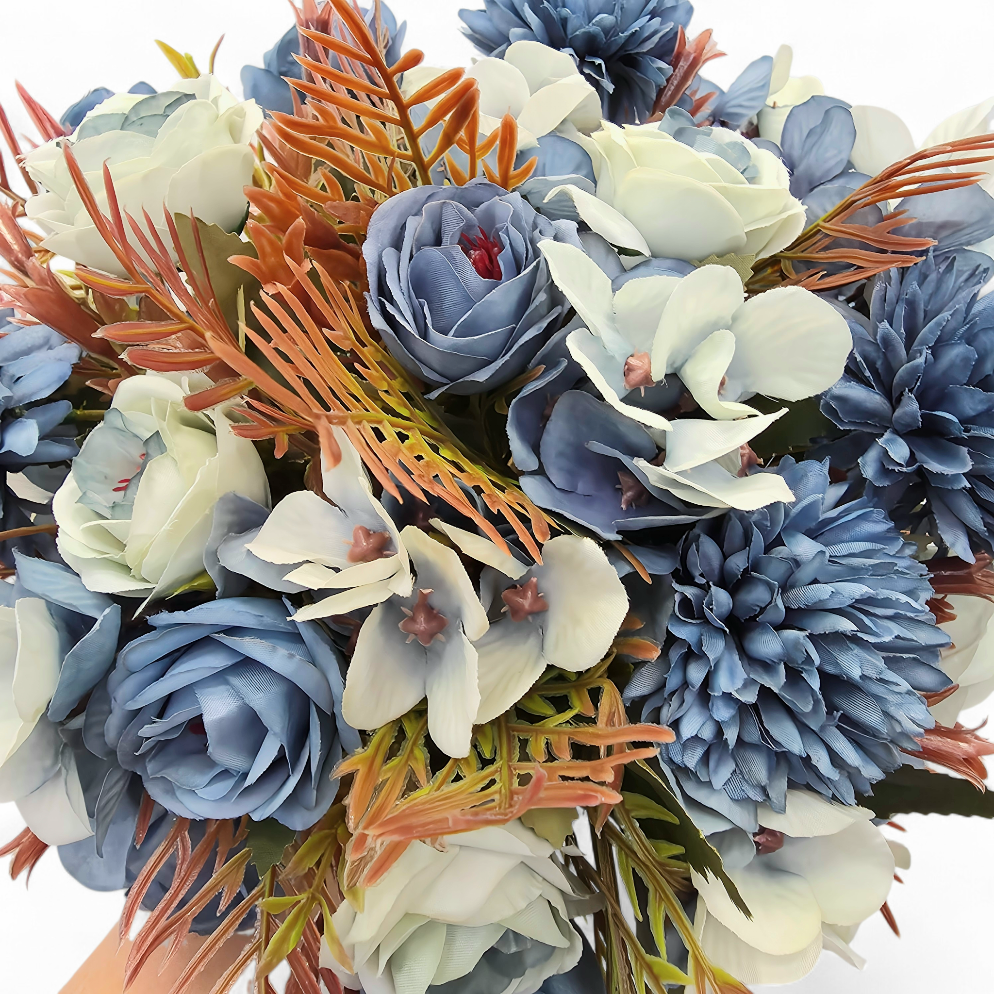 Bouquet of artificial flowers with blue, white, and orange colors on a white background