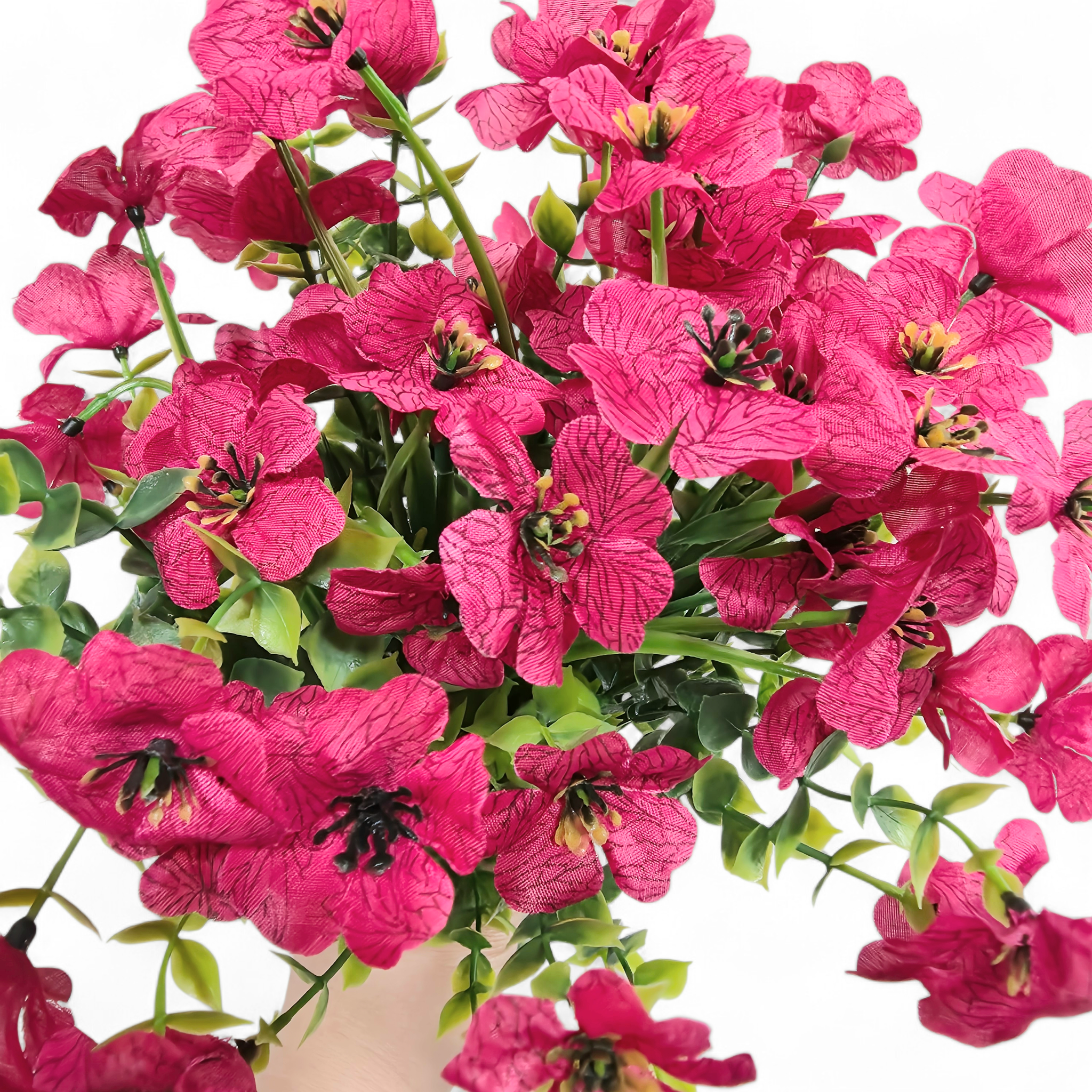 Bouquet of bright pink flowers with green leaves on a white background