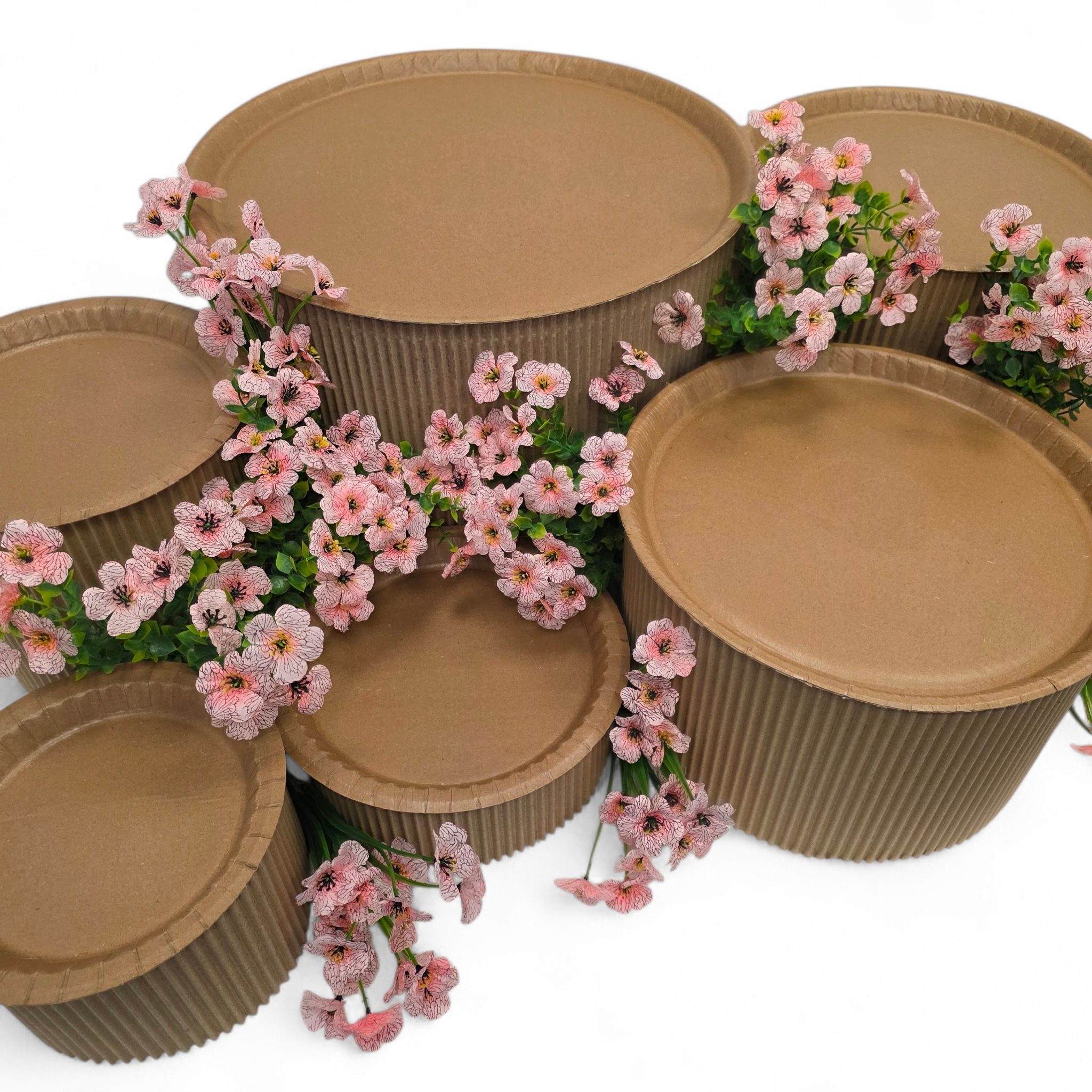 Grazing table kit with light pink violet flower decorations on white background