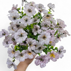 Bouquet of white flowers with green stems held by a hand against a white background