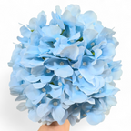 Bouquet of light blue flowers held by a hand against a white background
