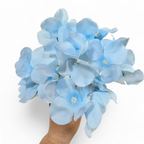 Bouquet of light blue flowers held by a hand on a white background