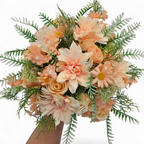 Bouquet of peach-colored flowers with green leaves on a white background
