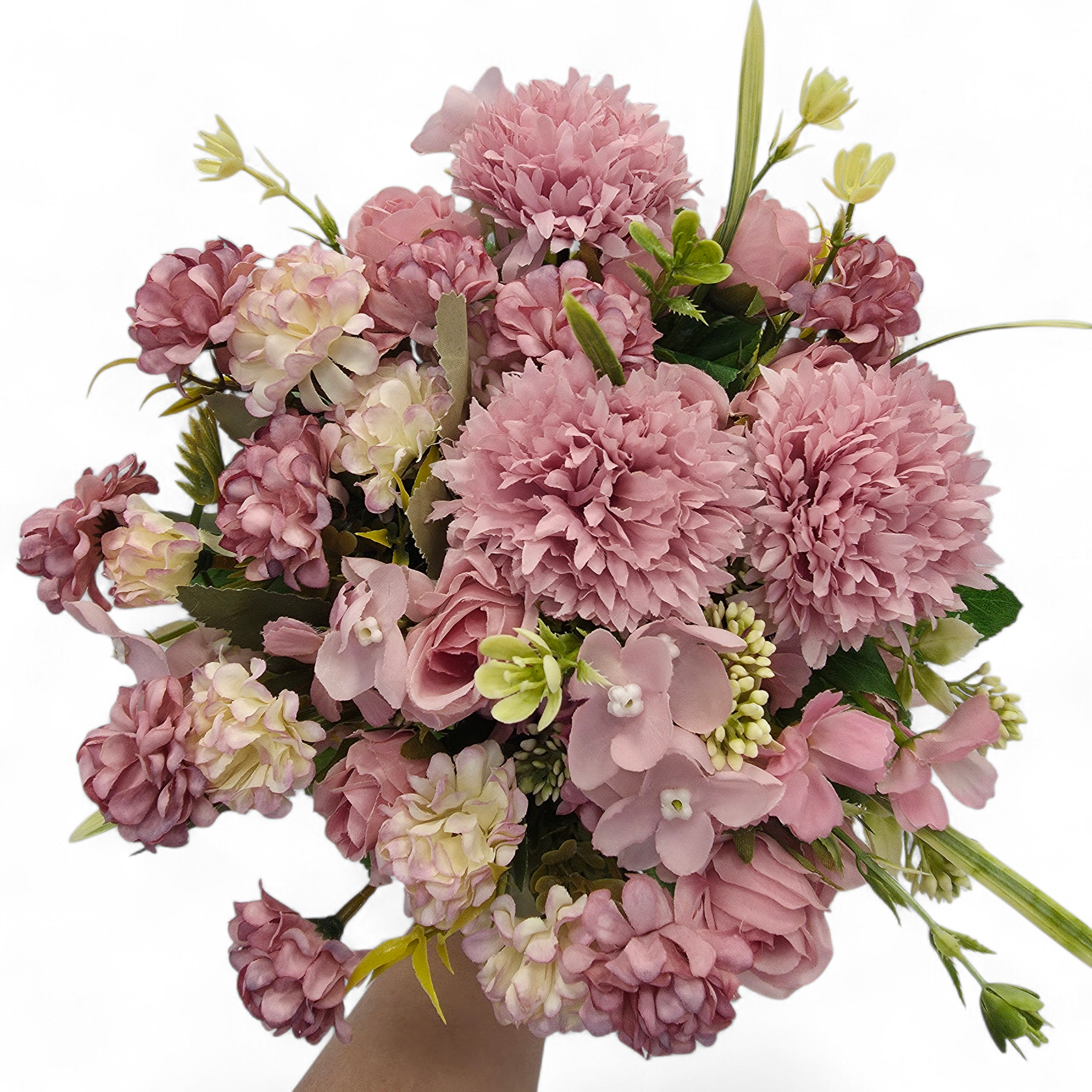 Bouquet of dusty pink and white flowers on a white background