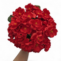 Bouquet of red flowers with green leaves on a white background