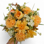 Bouquet of yellow and orange flowers with green leaves on a white background