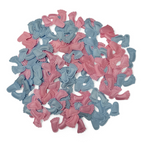 Pink and blue decorative baby footprint confetti on a white background