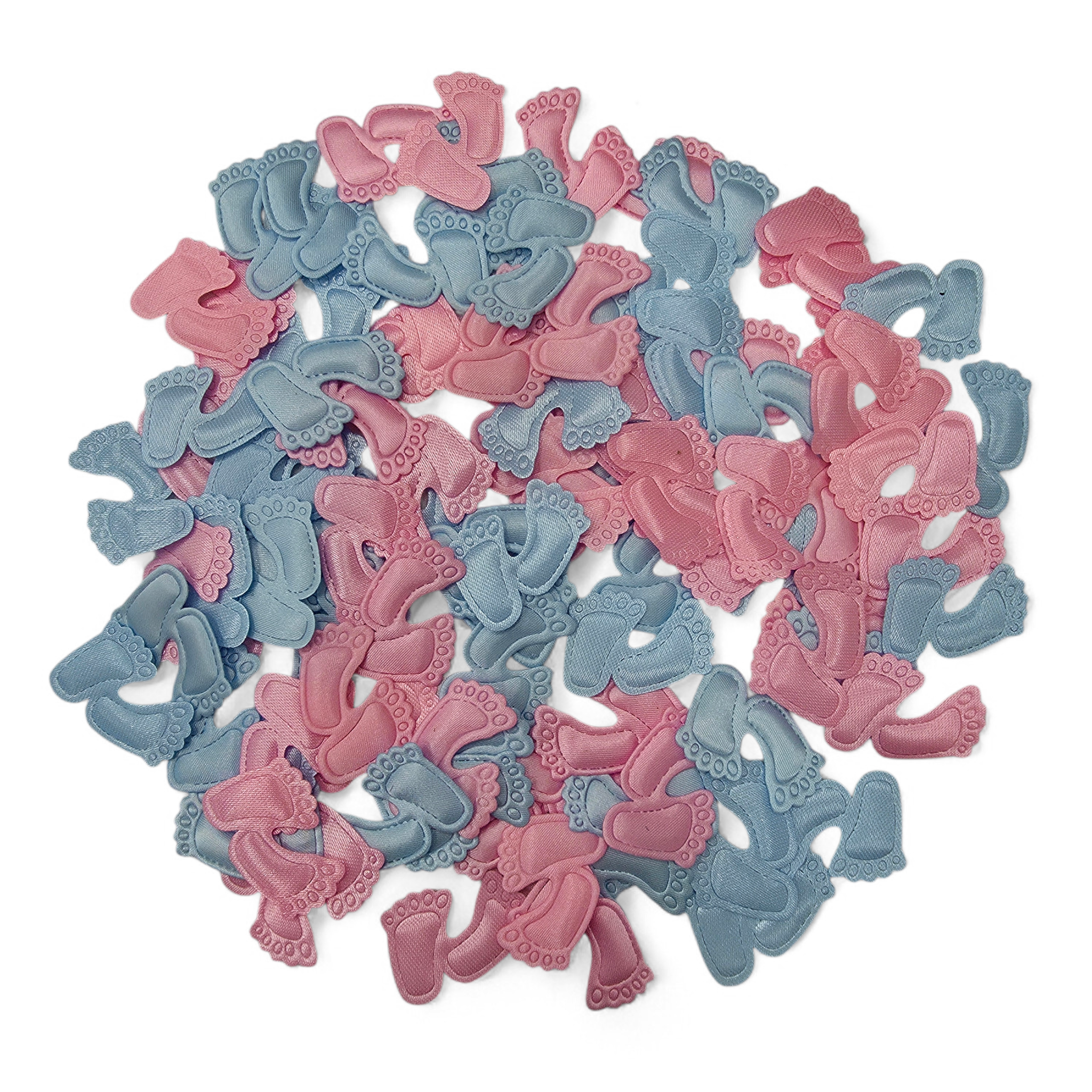 Pink and blue decorative baby footprint confetti on a white background