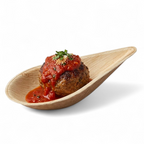Wooden spoon with a meatball and tomato sauce on a white background