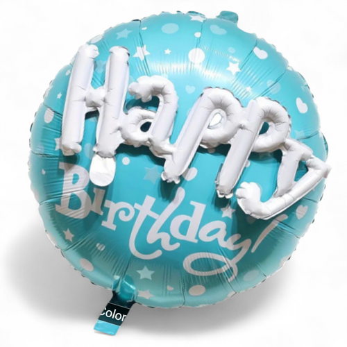 Turquoise balloon with white 'Happy Birthday!' text on a white background