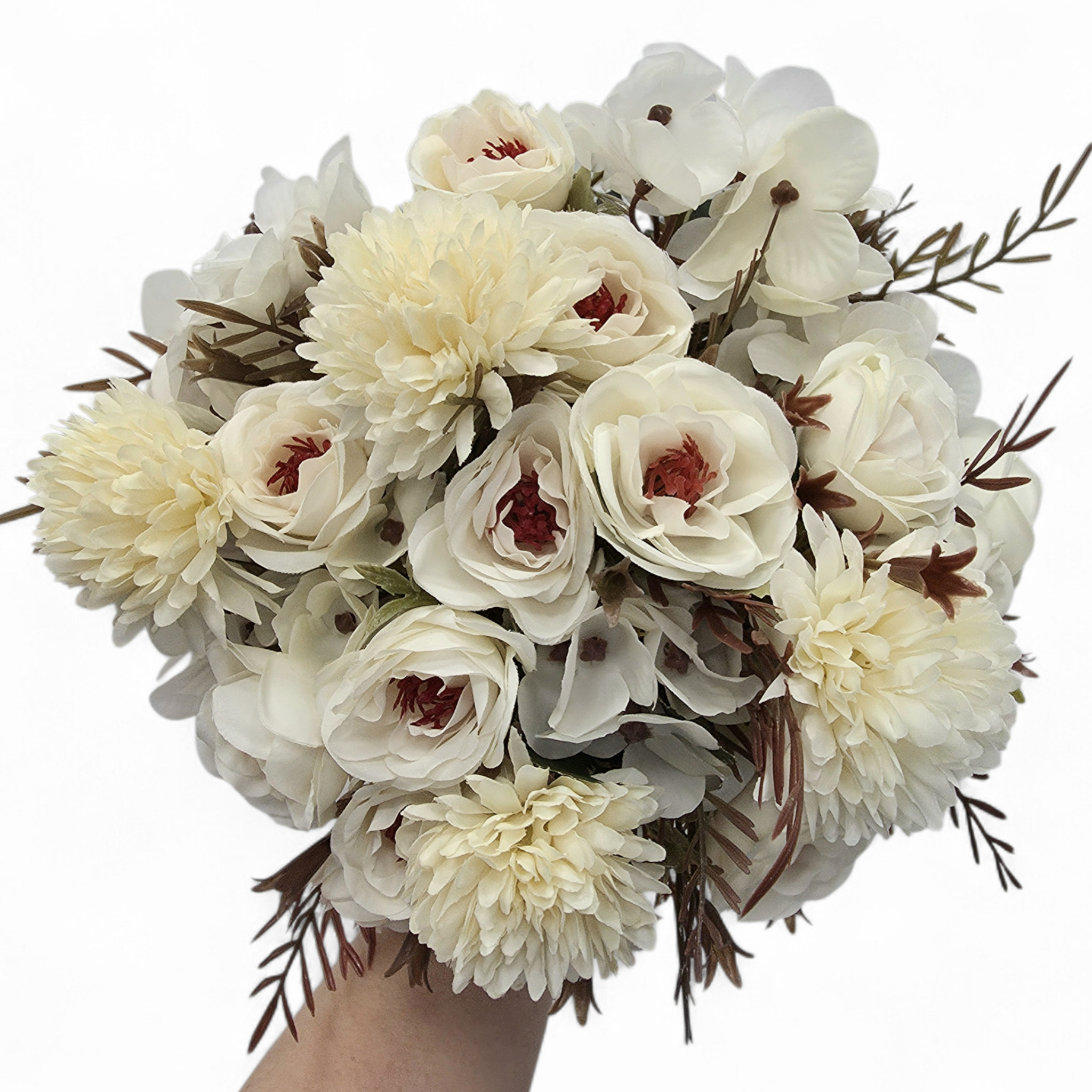 Bouquet of white flowers held by a hand on a white background
