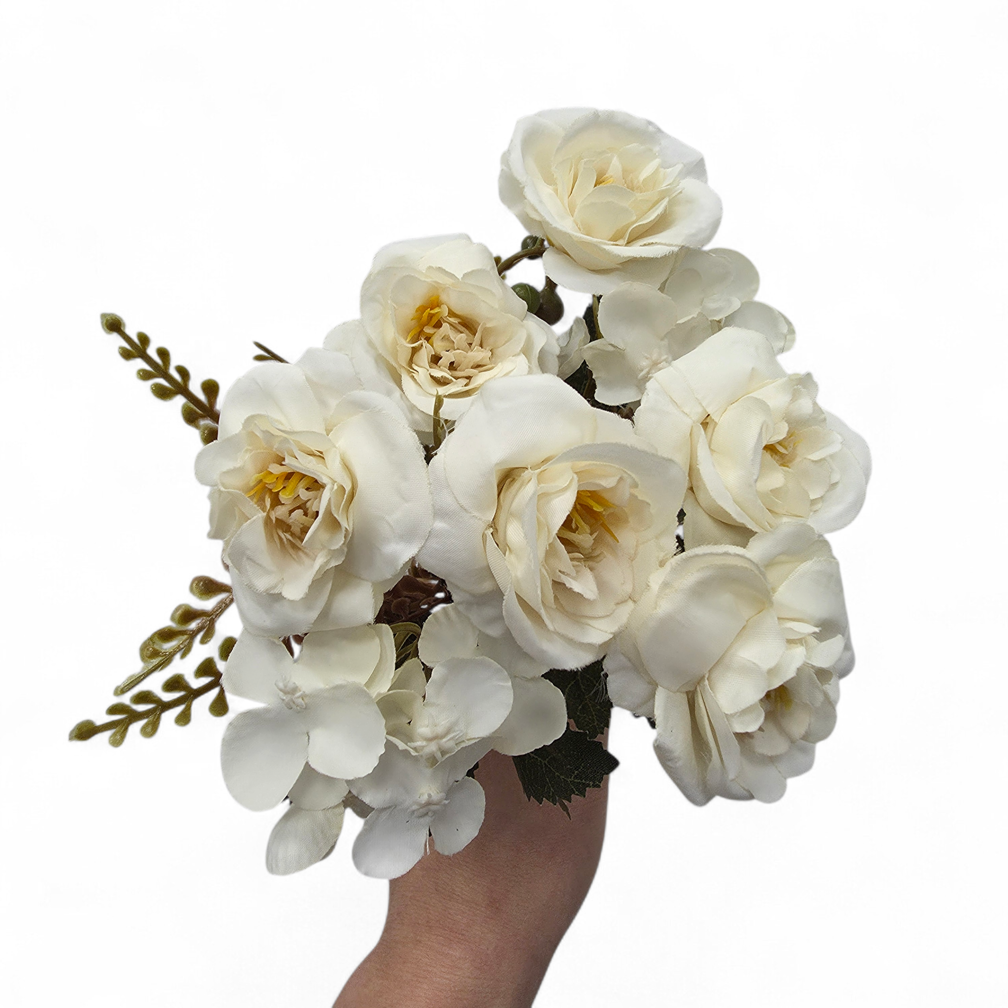 Bouquet of white flowers held by a hand on a white background