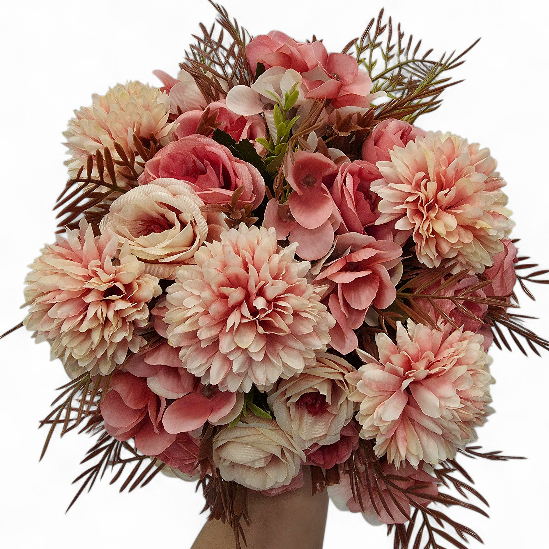 Bouquet of pink and beige flowers with green leaves on a white background