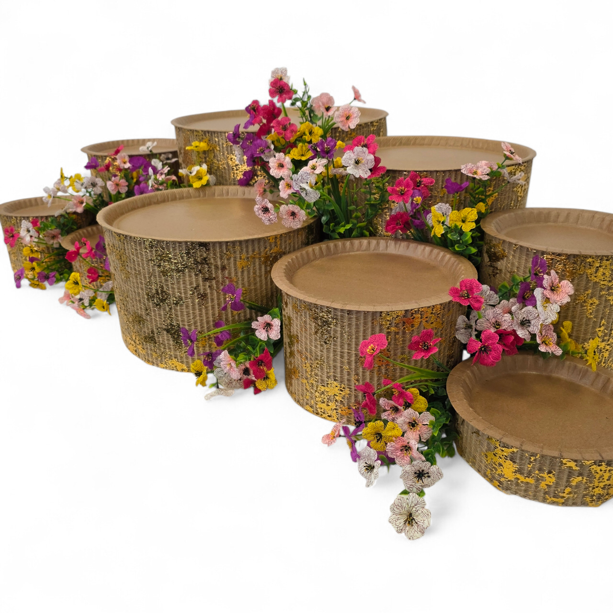 Grazing table kits with gold overlay and bright flower decorations