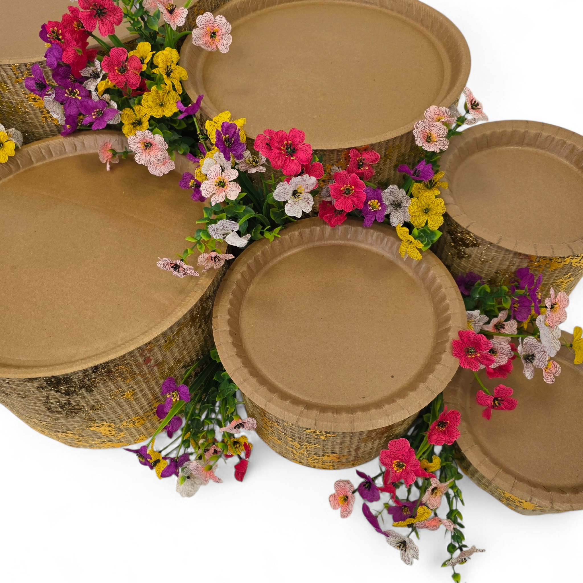 Grazing table kits with bright flower decorations from a top view