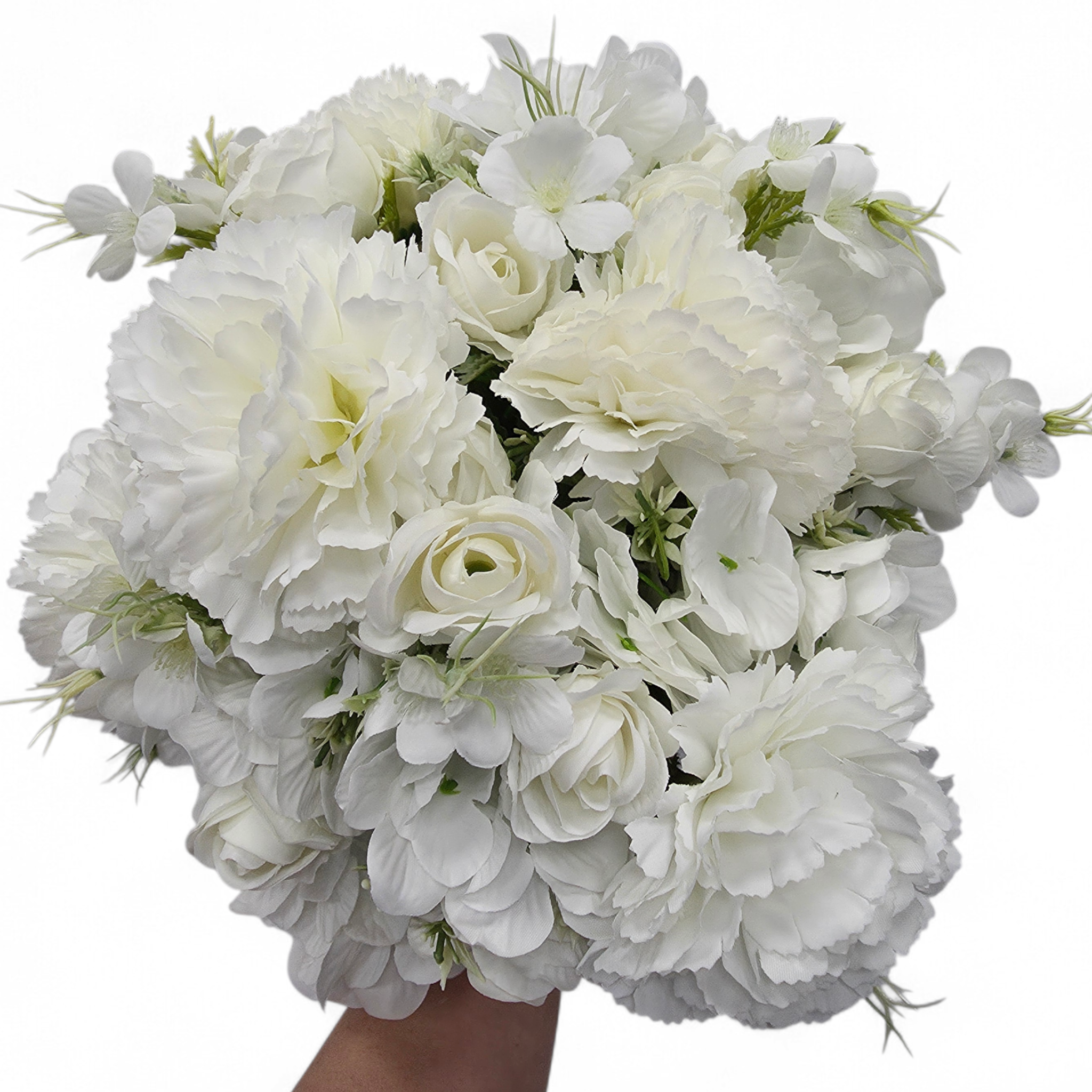 Bouquet of white flowers held by a hand on a white background