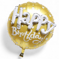 Gold birthday balloon with white text on a white background