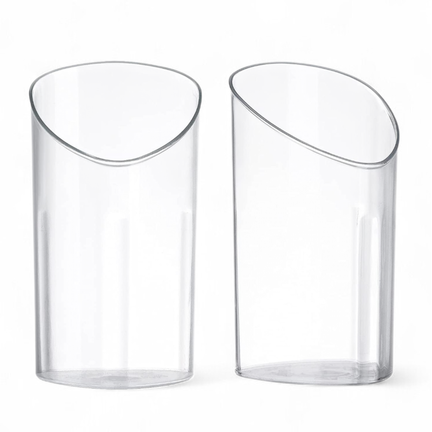 Two clear plastic dessert parfait shot cup on a white background