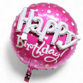 Pink 'Happy Birthday' balloon with white 3D text on a white background