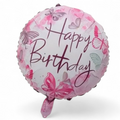 Round pink balloon with 'Happy Birthday' text and butterfly designs on a white background