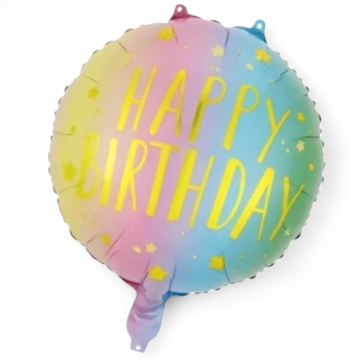 rainbow-colored balloon with 'Happy Birthday' text on a white background