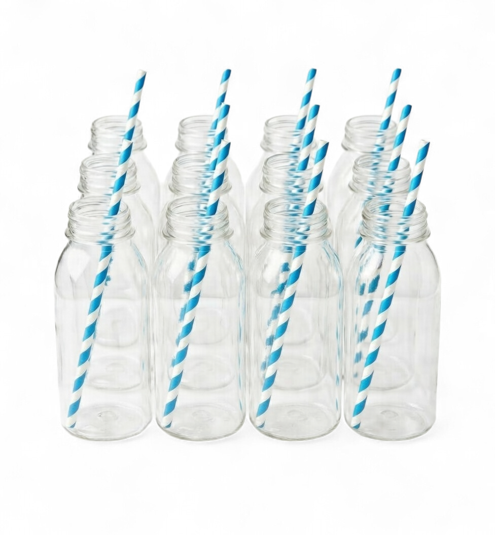 Clear plastic bottles with blue and white striped straws on a white background