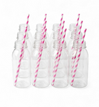 Set of clear plastic bottles with hot pink and white striped straws on a white background