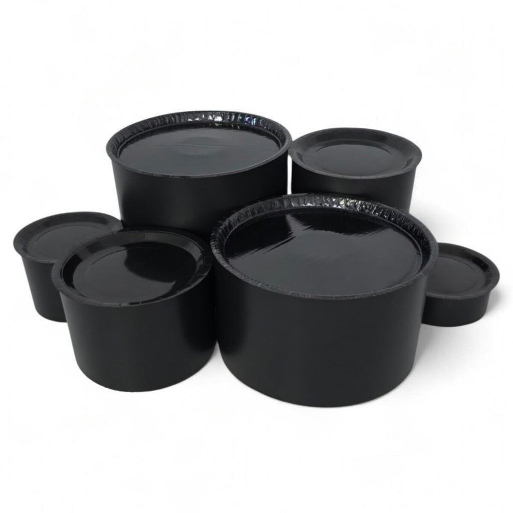 DIY grazing table kit wedding buffet with disposable black platters plinths front view - grazekits