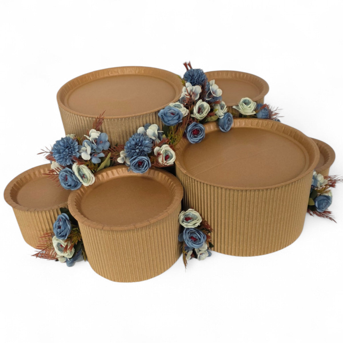 DIY grazing table kit with disposable natural platters plinths and blue steel flowers left view - grazekits