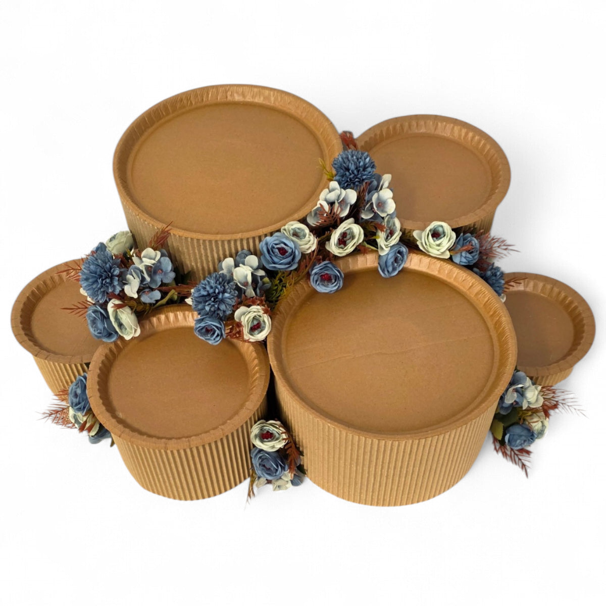 DIY grazing table kit with disposable natural platters plinths and blue steel flowers main view - grazekits
