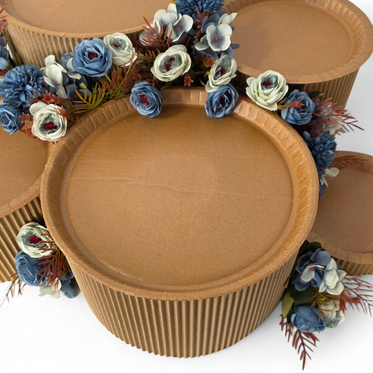 DIY grazing table kit with disposable natural platters plinths and blue steel flowers detail view - grazekits