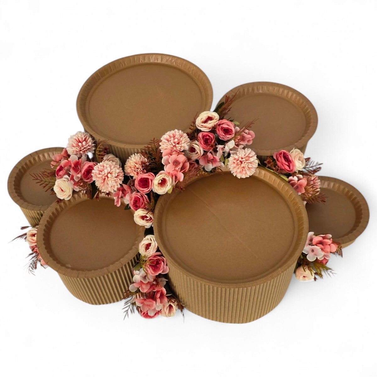 DIY grazing table kit with disposable natural platters plinths and pink steel flowers main view - grazekits