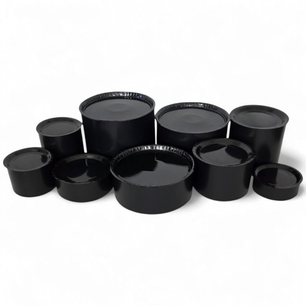 DIY grazing table kit wedding buffet with disposable black platters plinths front view - grazekits