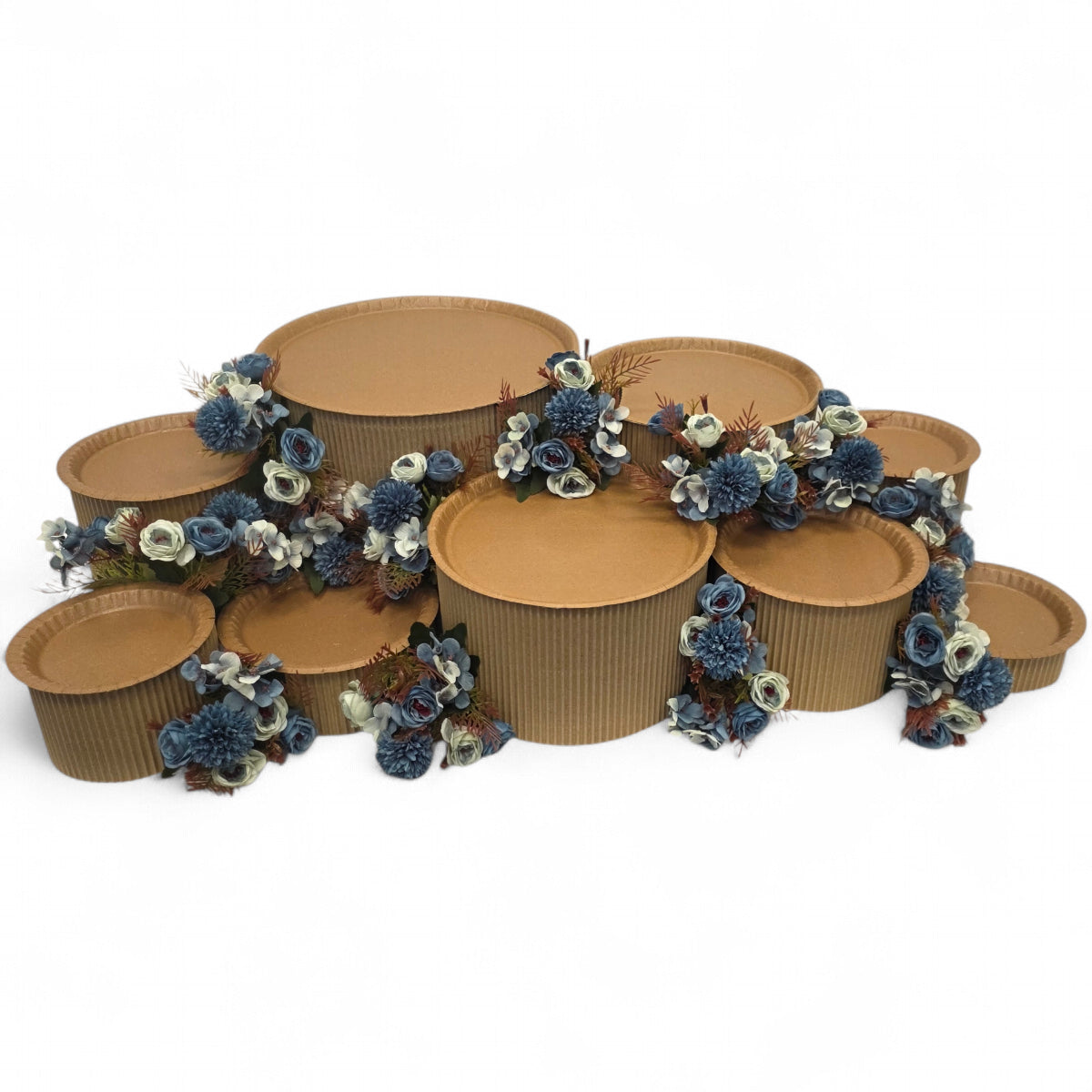 DIY grazing table kit with disposable natural platters plinths and blue steel flowers main view - grazekits