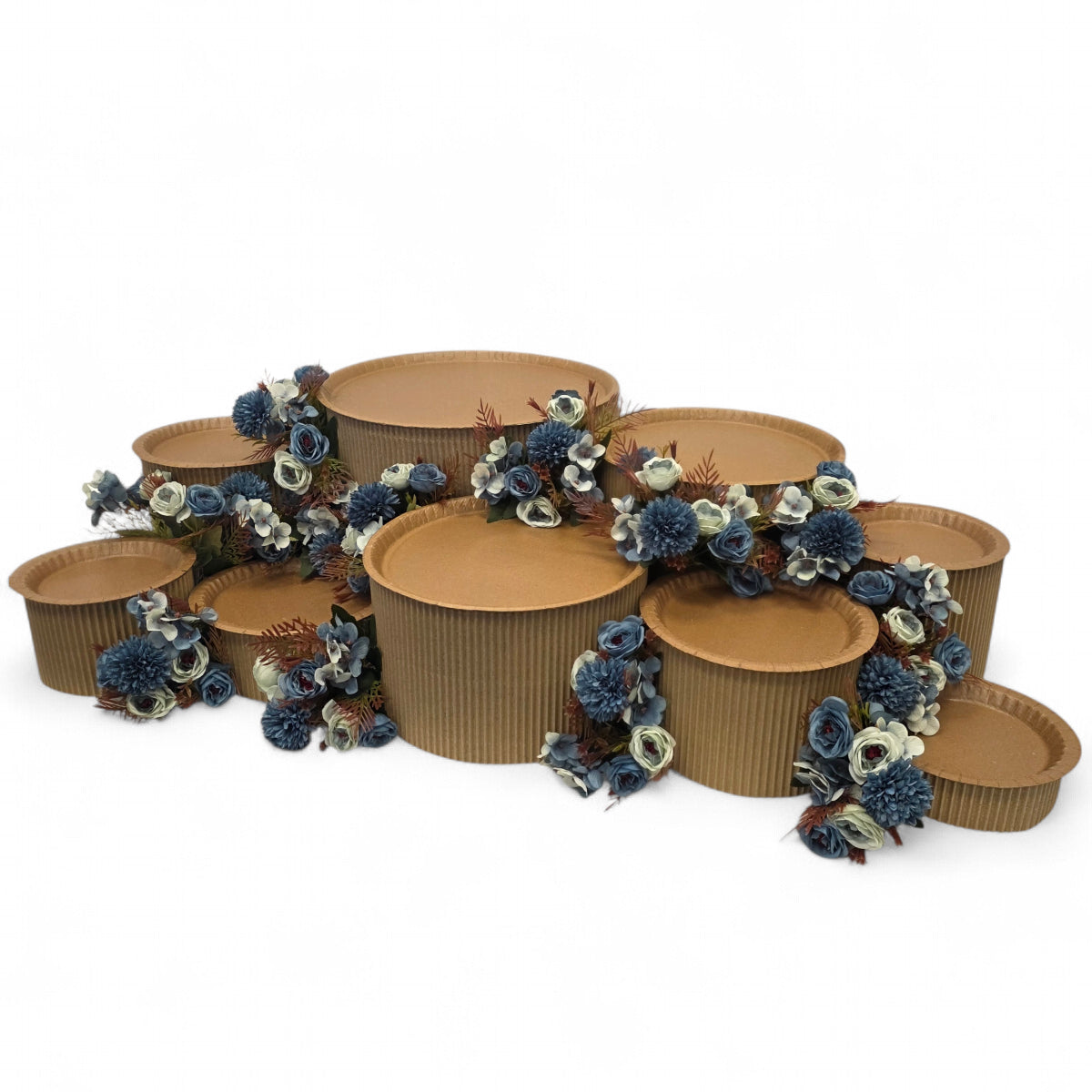DIY grazing table kit with disposable natural platters plinths and blue steel flowers right view - grazekits