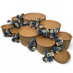 DIY grazing table kit with disposable natural platters plinths and blue steel flowers top right view - grazekits