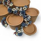 DIY grazing table kit with disposable natural platters plinths and blue steel flowers detail top view - grazekits