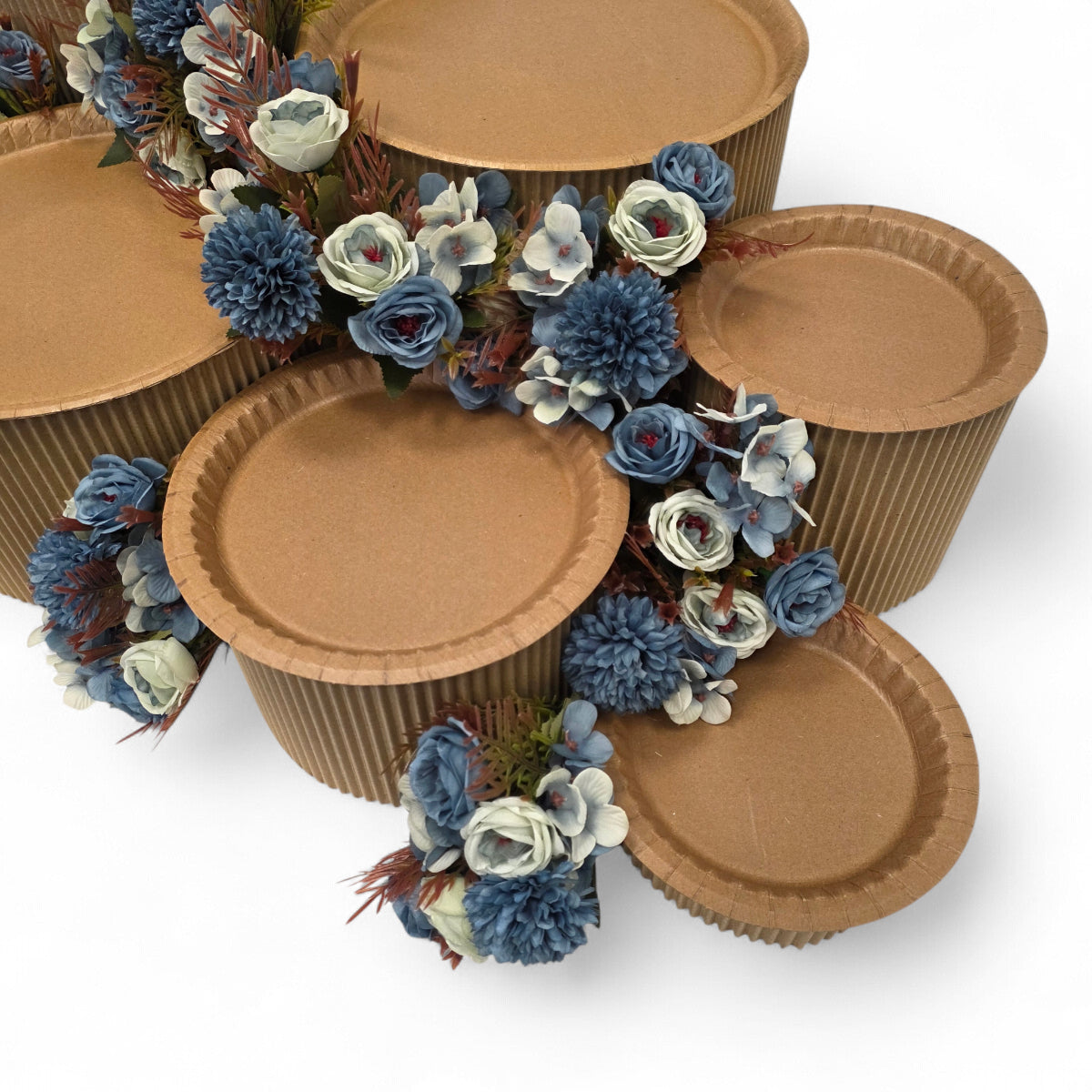 DIY grazing table kit with disposable natural platters plinths and blue steel flowers detail top view - grazekits