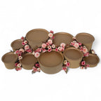 DIY grazing table kit with disposable natural platters plinths and pink steel flowers main view - grazekits