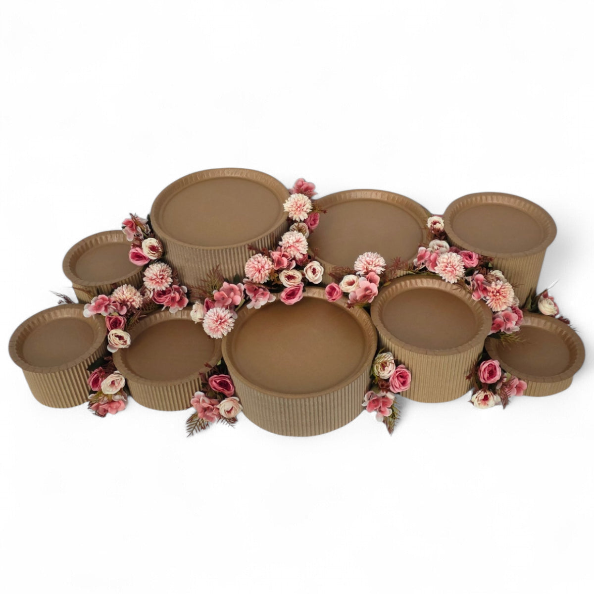 DIY grazing table kit with disposable natural platters plinths and pink steel flowers main view - grazekits