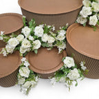 DIY grazing table kit with disposable natural platters plinths and white roses flowers detail view - grazekits