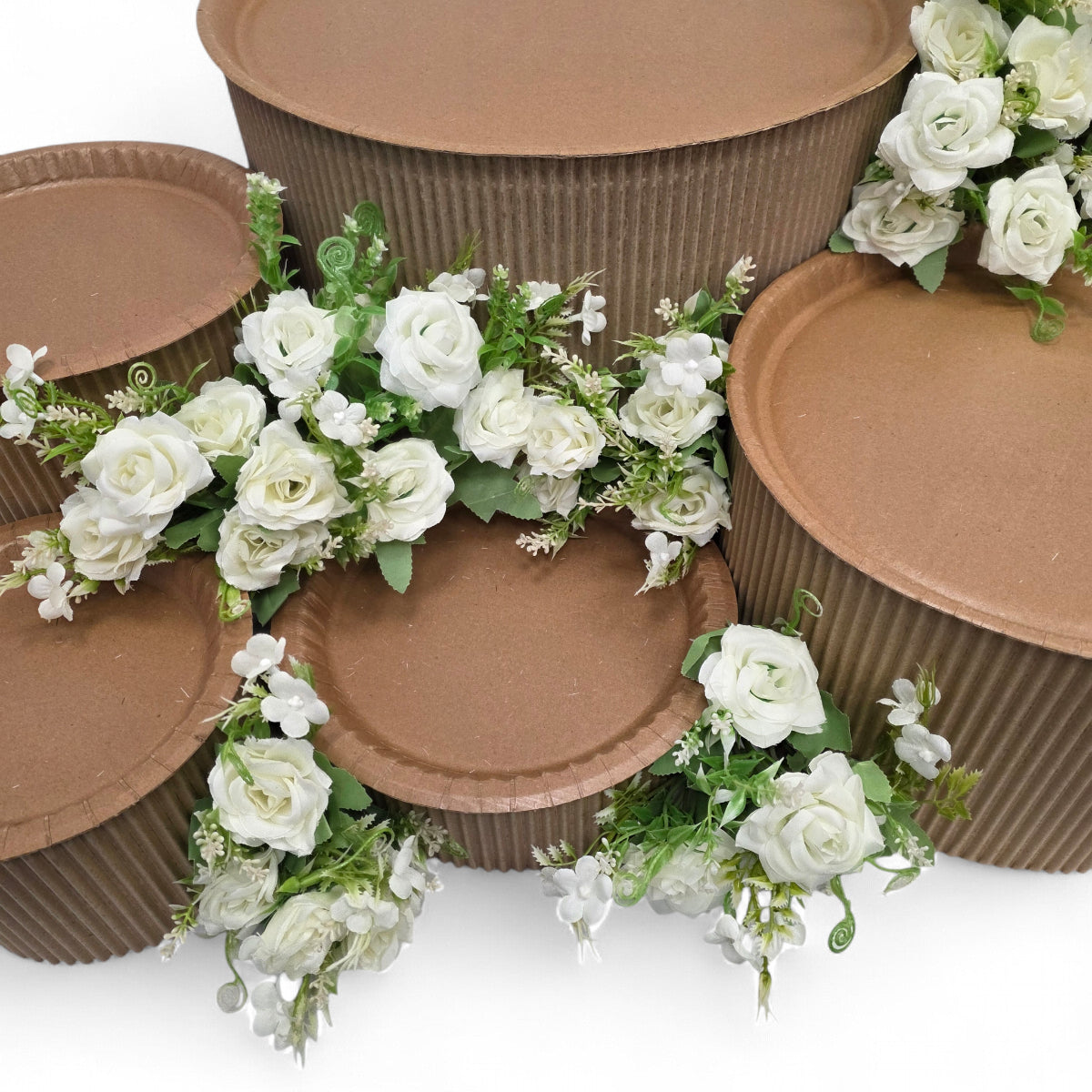 DIY grazing table kit with disposable natural platters plinths and white roses flowers detail view - grazekits