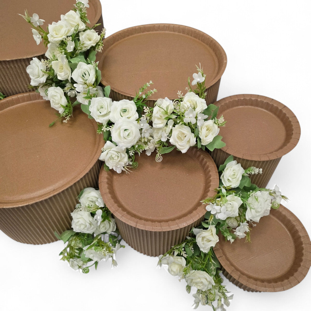 DIY grazing table kit with disposable natural platters plinths and white roses flowers detail view - grazekits