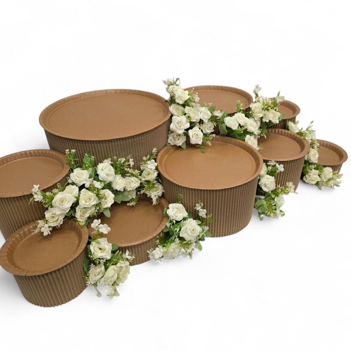 DIY grazing table kit with disposable natural platters plinths and white roses flowers left view - grazekits