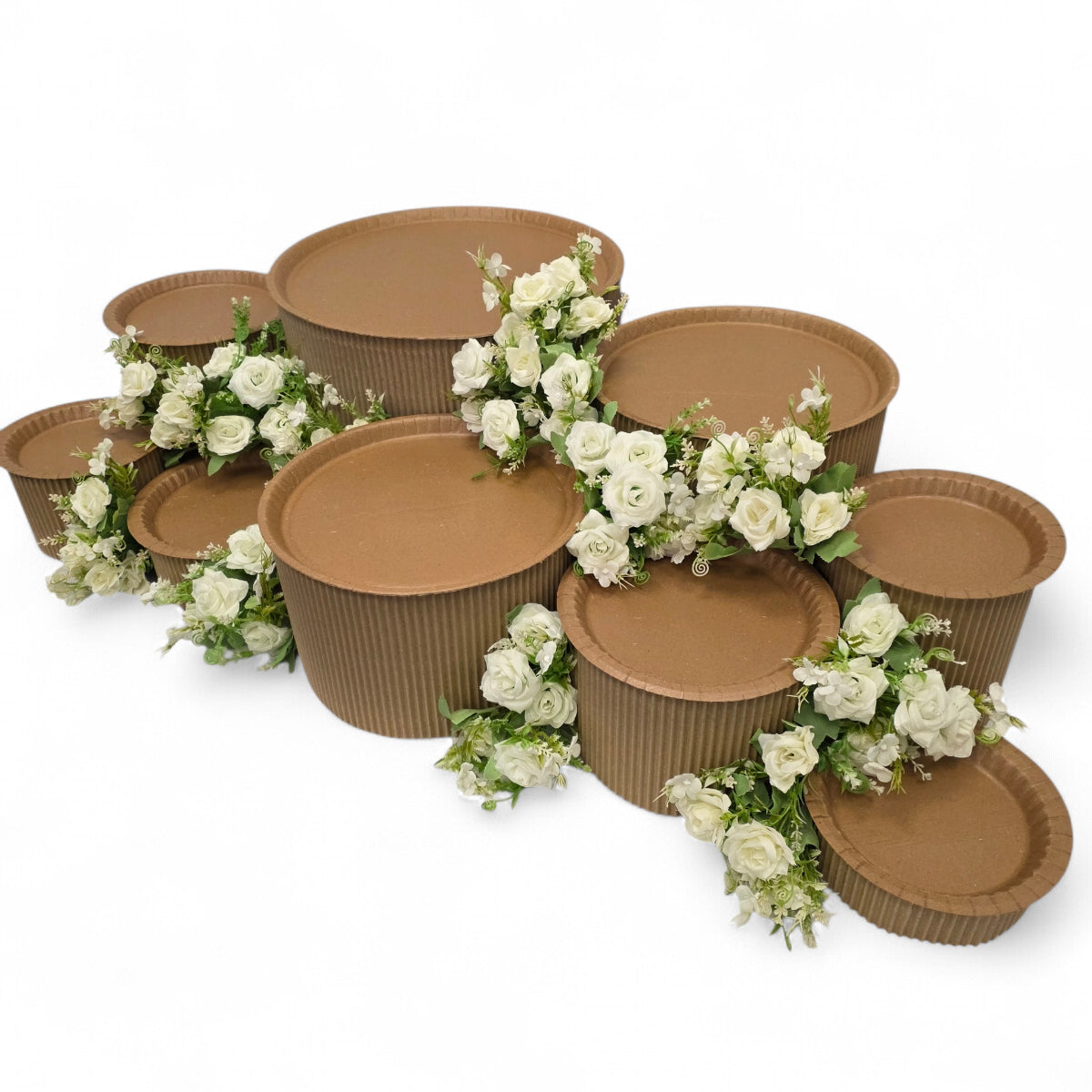 DIY grazing table kit with disposable natural platters plinths and white roses flowers right view - grazekits