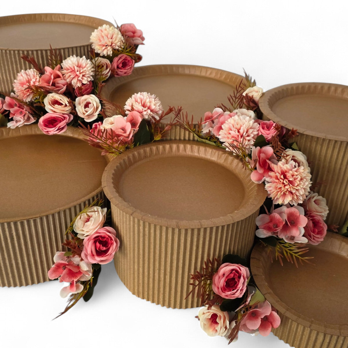 DIY grazing table kit with disposable natural platters plinths and pink steel flowers detail view - grazekits