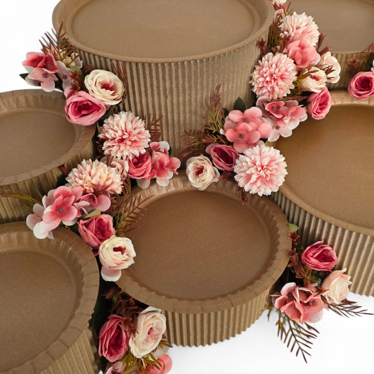 DIY grazing table kit with disposable natural platters plinths and pink steel flowers detail view - grazekits